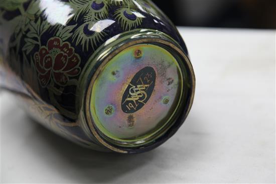 A large Pilkingtons Royal Lancastrian lustre peacock vase, by William S. Mycock, c.1923, 29cm